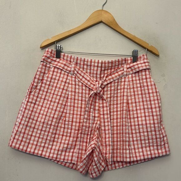 Loft pink white checkered tie waist ruffle shorts Size M New - Picture 1 of 9